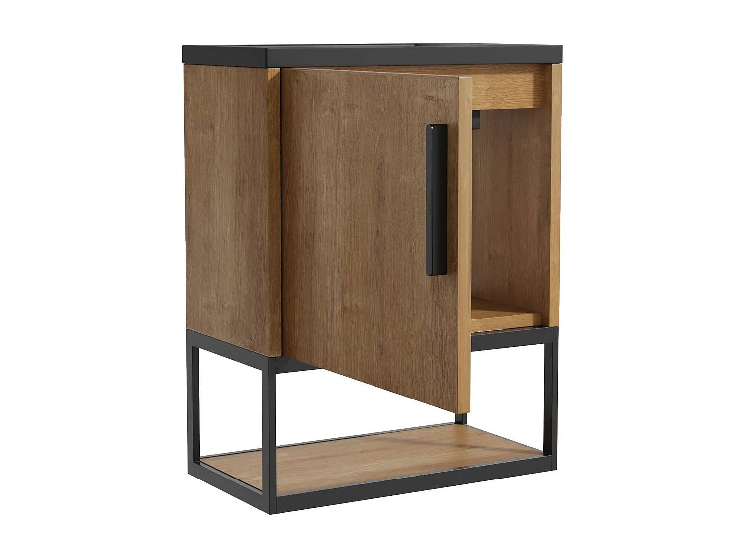 Meuble lave-main suspendu avec niche et vasque noire - 40 cm - Coloris naturel clair - LOPENA