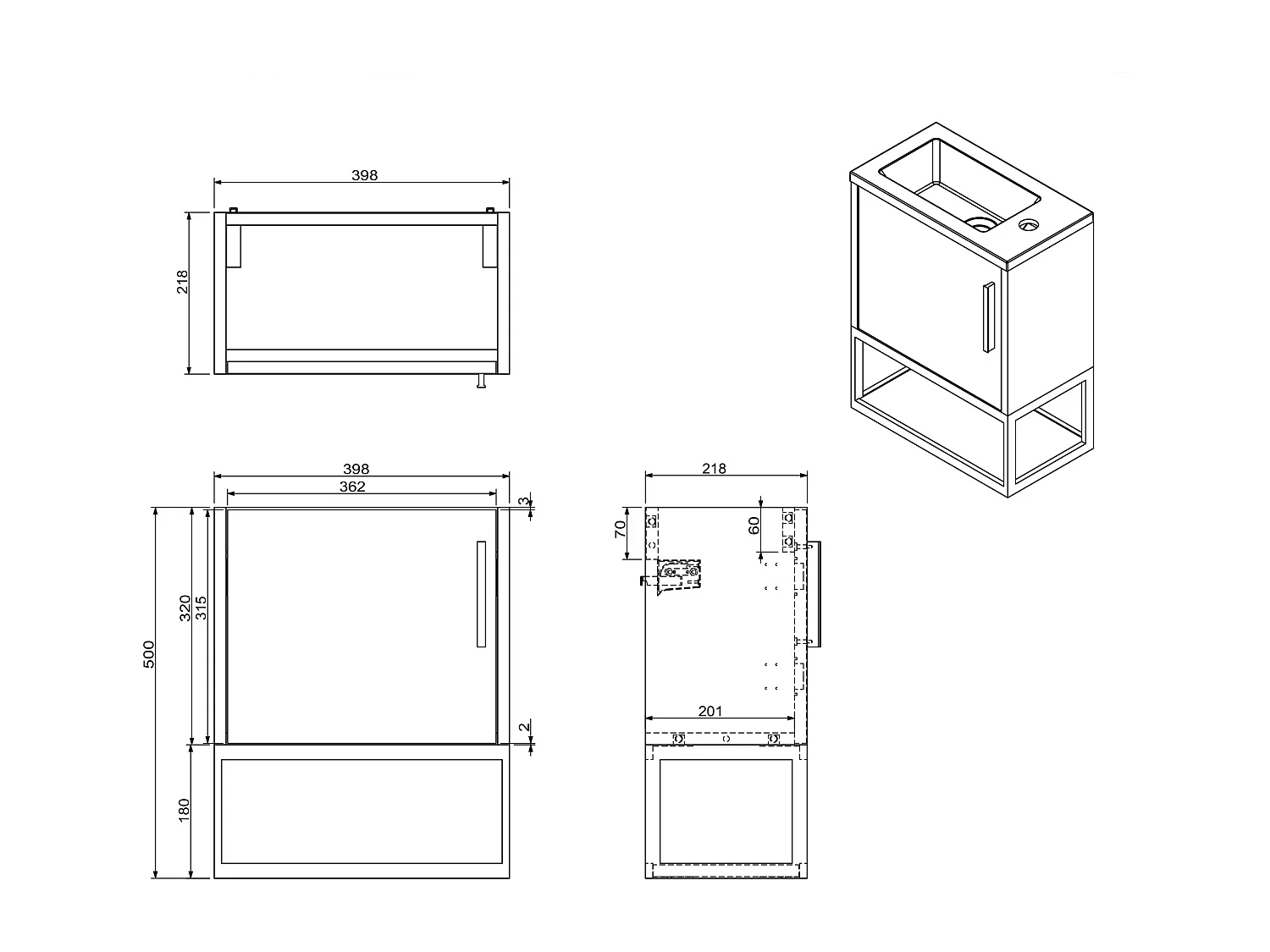 Meuble lave-main suspendu avec niche et vasque noire - 40 cm - Coloris naturel clair - LOPENA