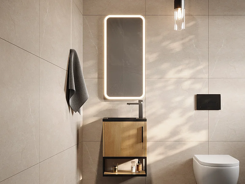 Meuble lave-main suspendu avec niche et vasque noire - 40 cm - Coloris naturel clair - LOPENA