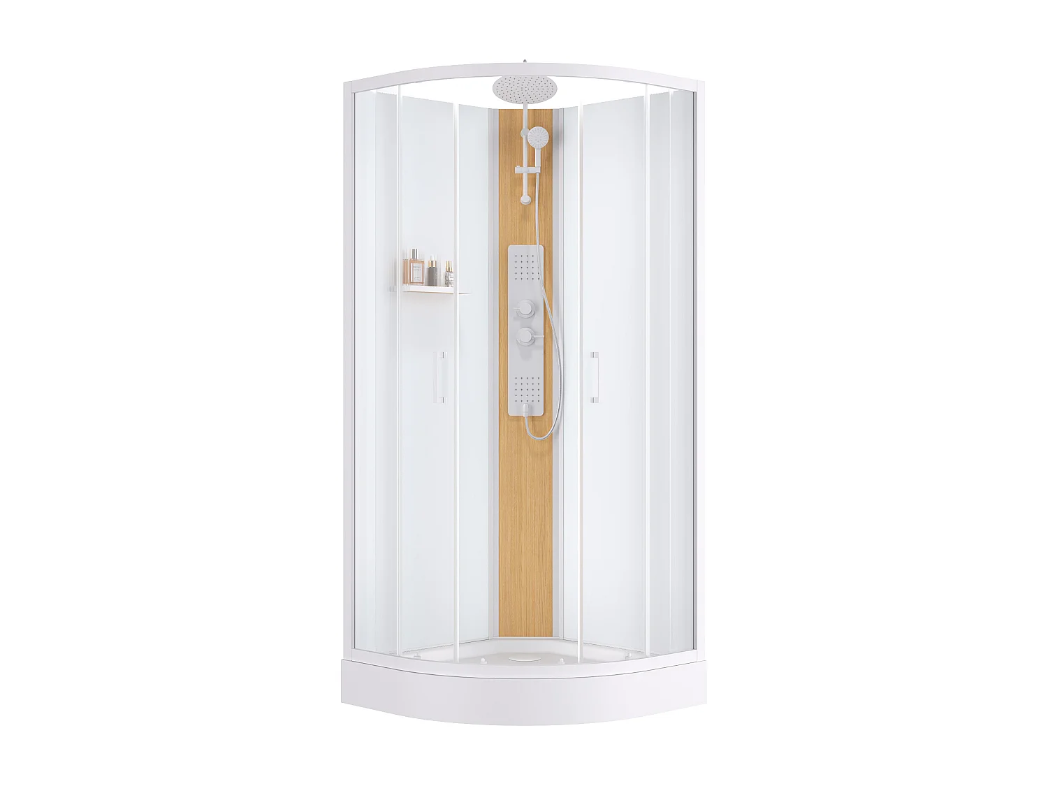 Cabine de douche hydromassante en quart de cercle avec panneau en bambou composite - Blanc mat - L90 x l90 x H225 cm - TILOMA