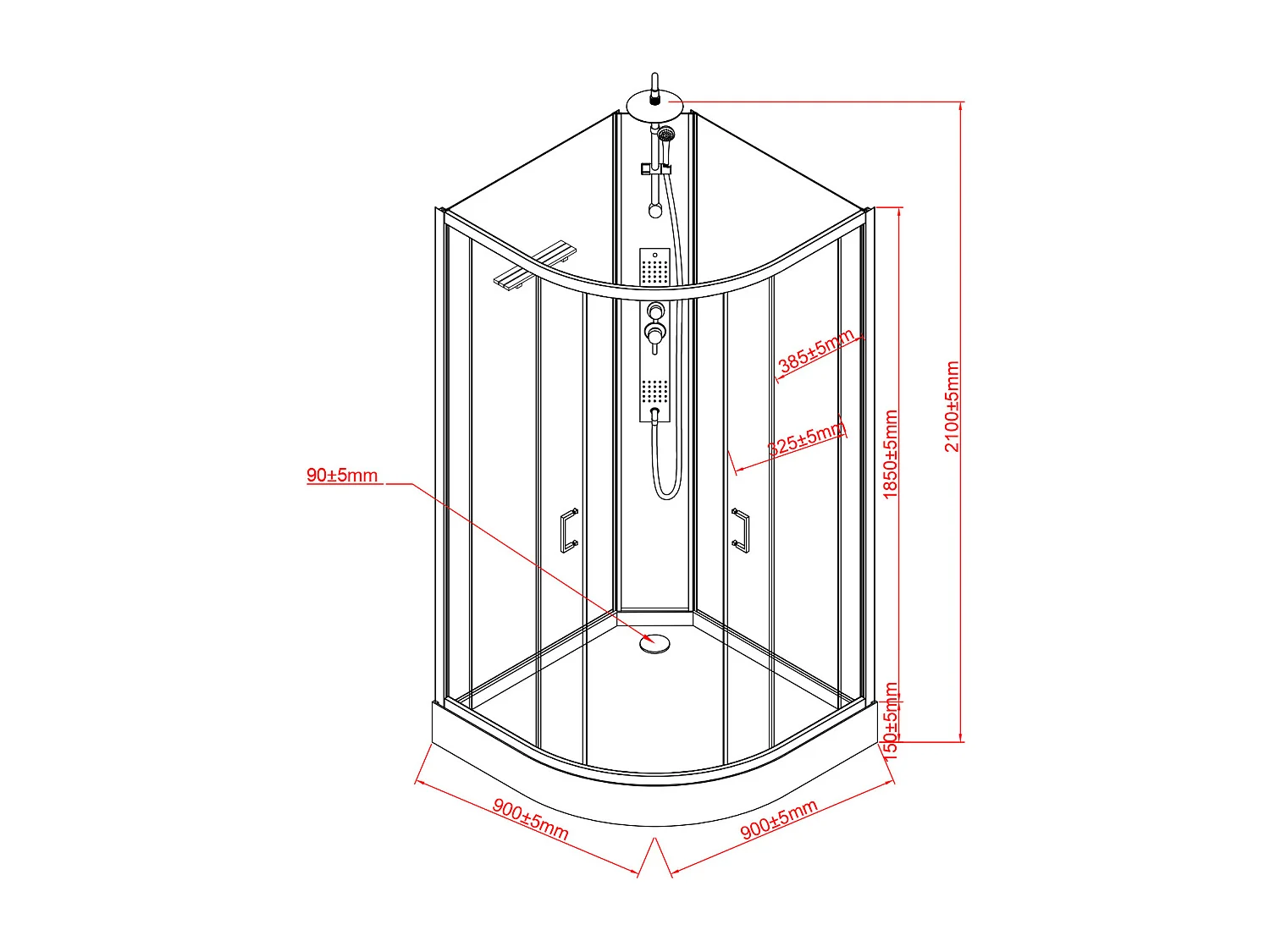 Cabine de douche hydromassante en quart de cercle avec panneau en bambou composite - Blanc mat - L90 x l90 x H225 cm - TILOMA