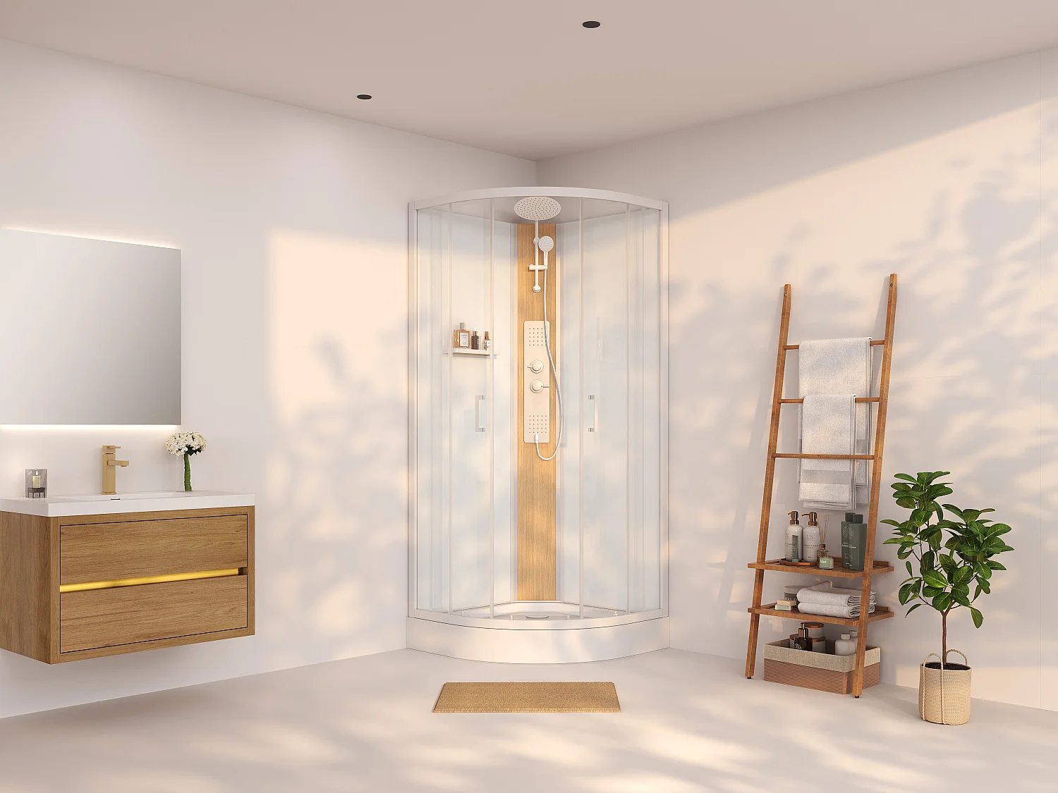 Cabine de douche hydromassante en quart de cercle avec panneau en bambou composite - Blanc mat - L90 x l90 x H225 cm - TILOMA