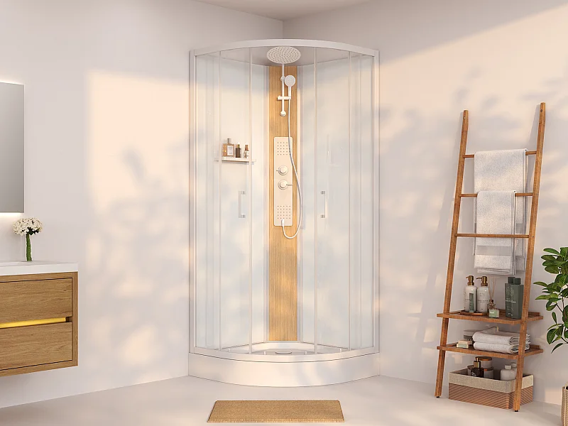 Cabine de douche hydromassante en quart de cercle avec panneau en bambou composite - Blanc mat - L90 x l90 x H225 cm - TILOMA