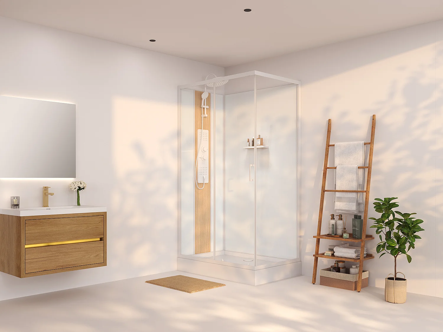 Cabine de douche hydromassante rectangulaire en bambou composite - Installation réversible - Blanc mat - L120 x l80 x H225 cm - VITUNA