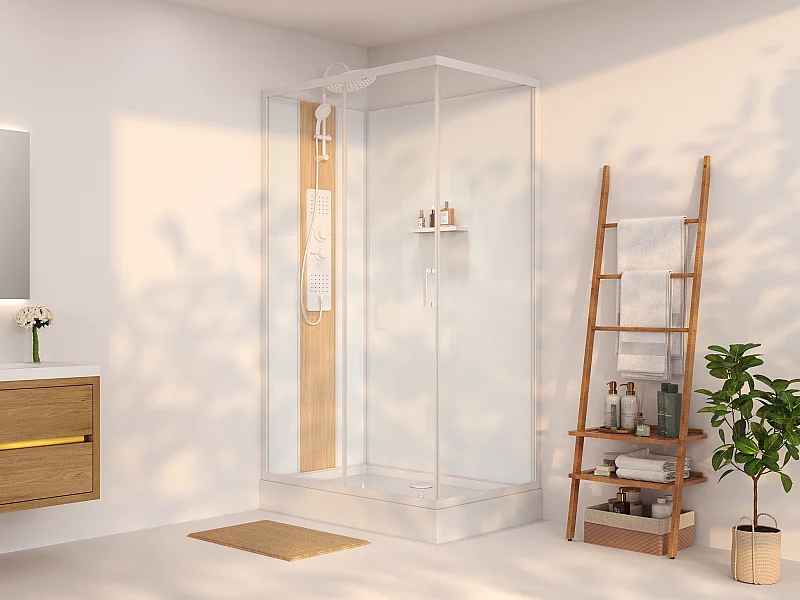 Cabine de douche hydromassante rectangulaire en bambou composite - Installation réversible - Blanc mat - L120 x l80 x H225 cm - VITUNA