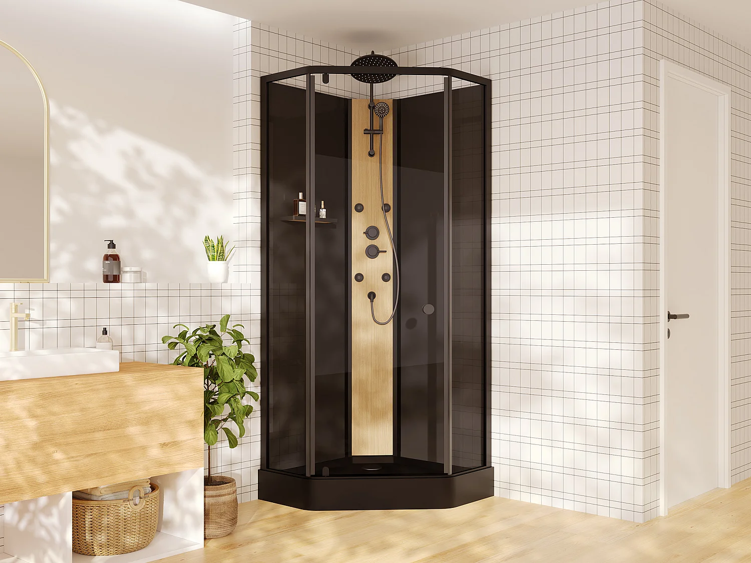 Cabine de douche hydromassante avec panneau en bambou composite - Noir mat - L85 x l85 x H225 - CODREVA