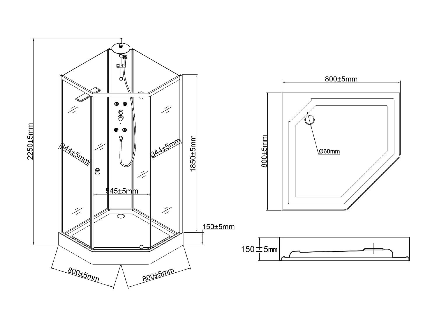 Cabine de douche hydromassante avec panneau en bambou composite - Noir mat - L85 x l85 x H225 - CODREVA