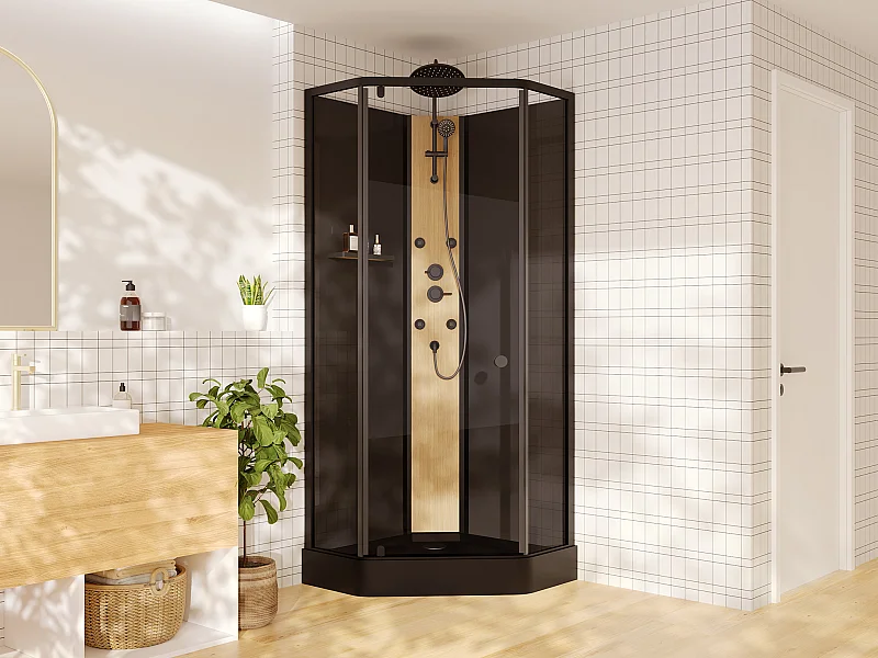 Cabine de douche hydromassante avec panneau en bambou composite - Noir mat - L85 x l85 x H225 - CODREVA