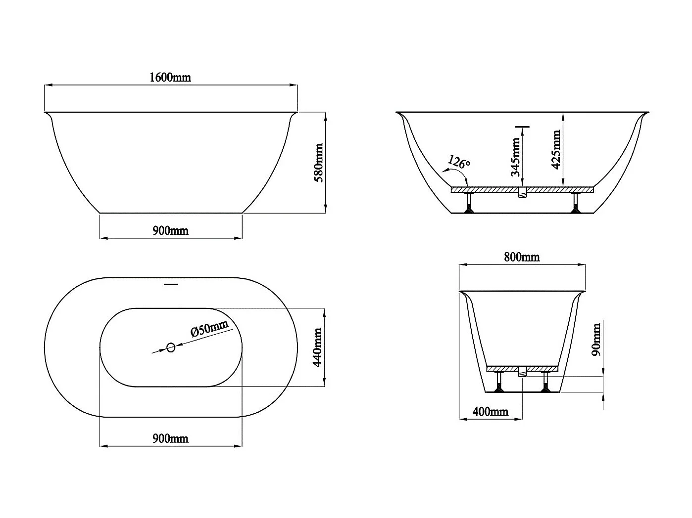 Baignoire îlot blanche - 197 L - Acrylique - 160 x 80 x 58 cm - SORTINO