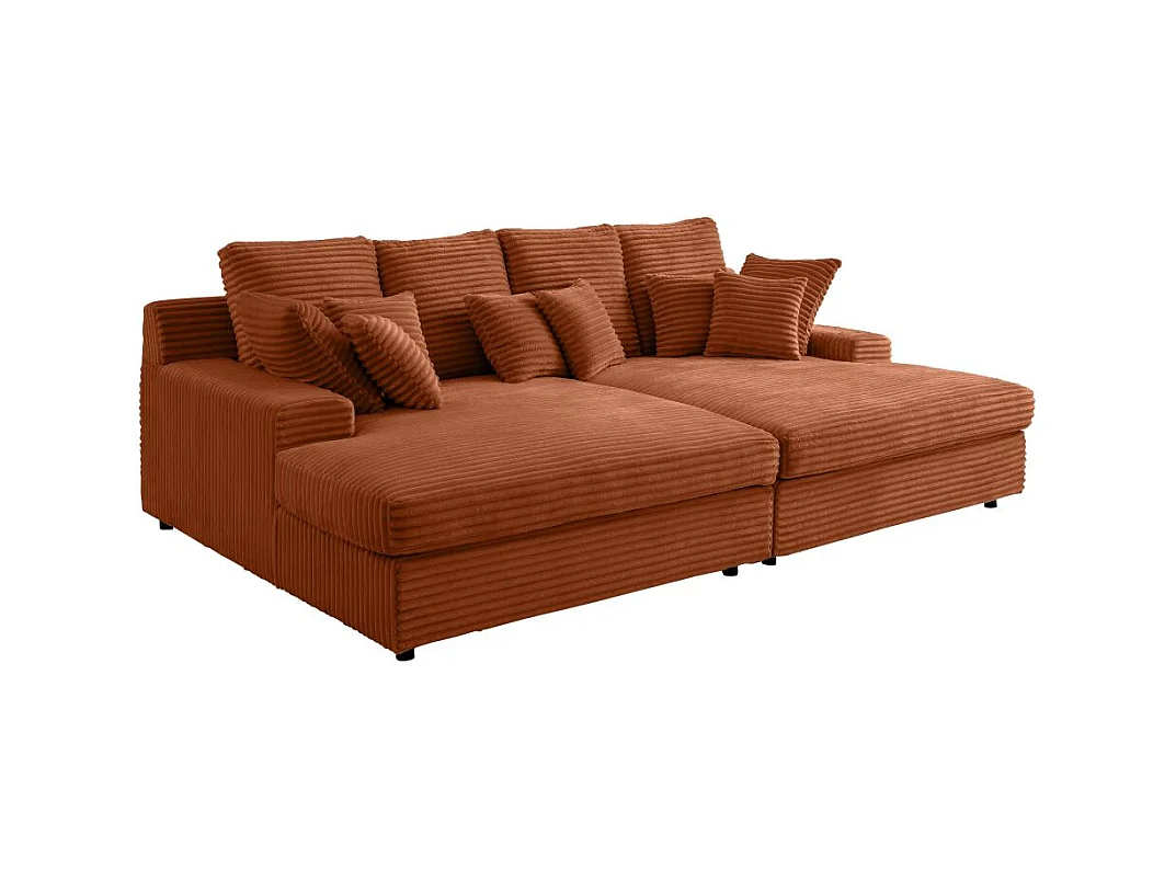 Canapé droit 4 places FLUFFY avec double méridienne et assise profonde en velours côtelé Terracotta