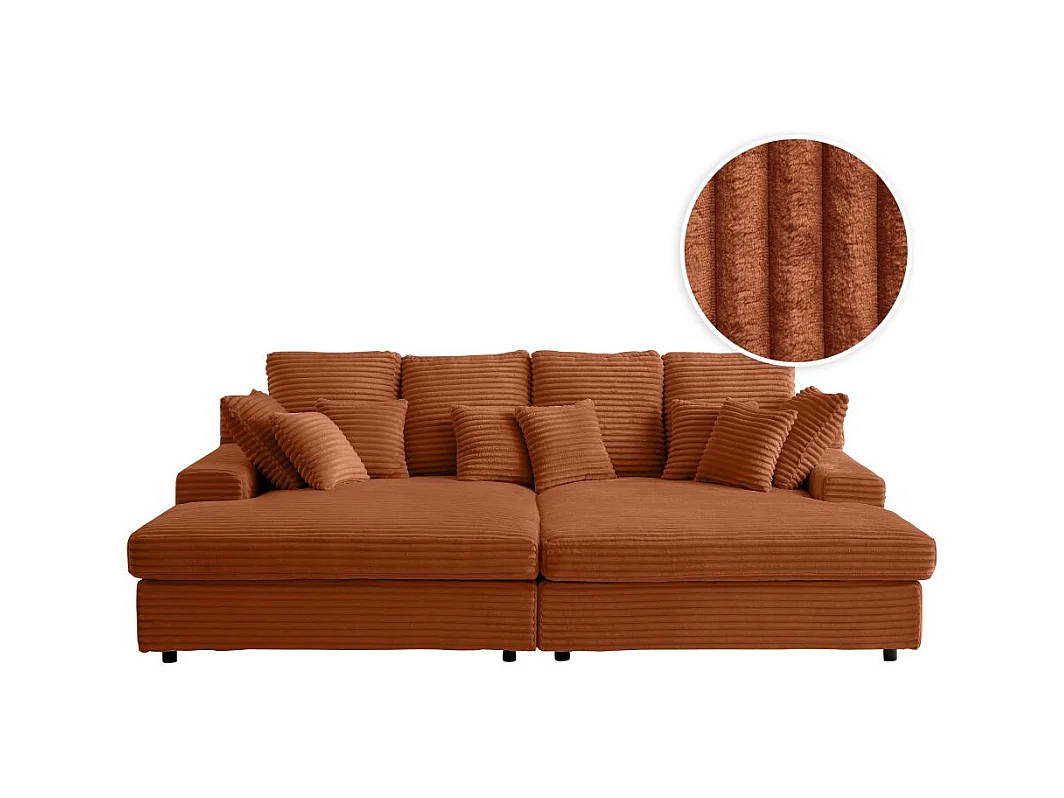 Canapé droit 4 places FLUFFY avec double méridienne et assise profonde en velours côtelé Terracotta