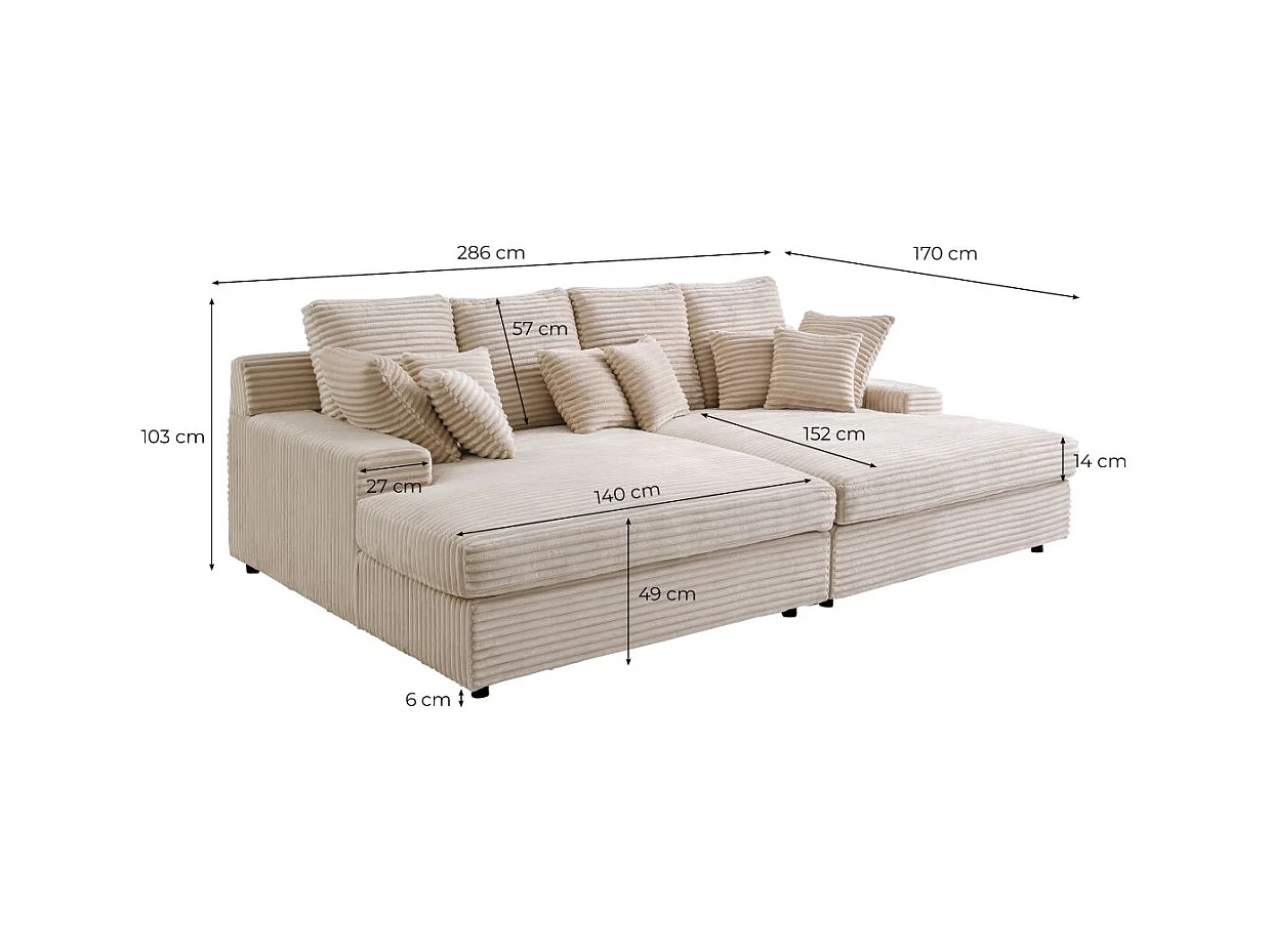 Canapé droit 4 places FLUFFY avec double méridienne et assise profonde en velours côtelé Terracotta