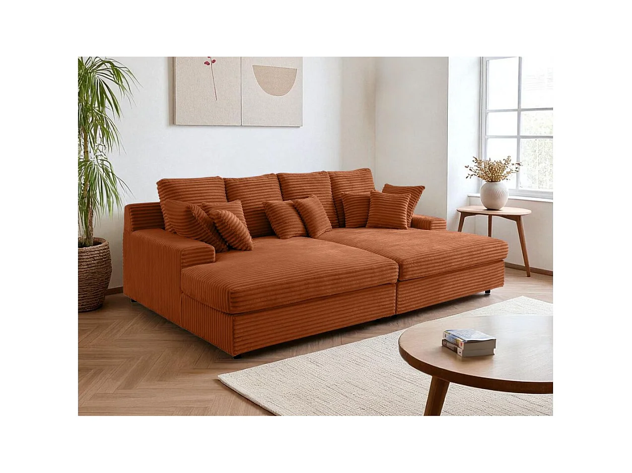 Canapé droit 4 places FLUFFLY avec double méridienne et assise profonde en velours côtelé Terracotta