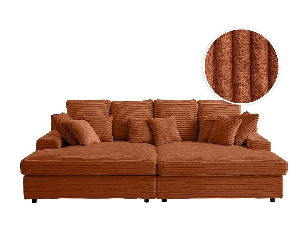 Canapé droit 4 places FLUFFY avec double méridienne et assise profonde en velours côtelé Terracotta