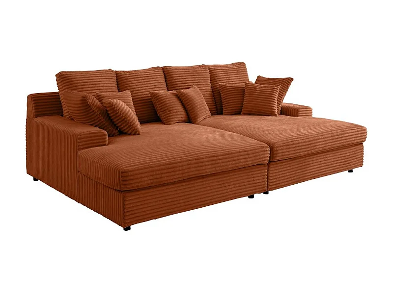 Canapé droit 4 places FLUFFY avec double méridienne et assise profonde en velours côtelé Terracotta