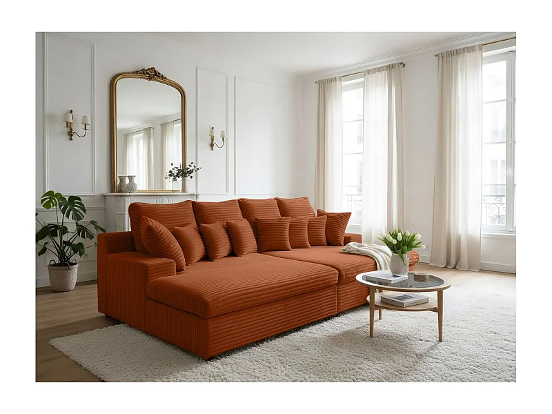 Canapé droit 4 places FLUFFY avec double méridienne et assise profonde en velours côtelé Terracotta
