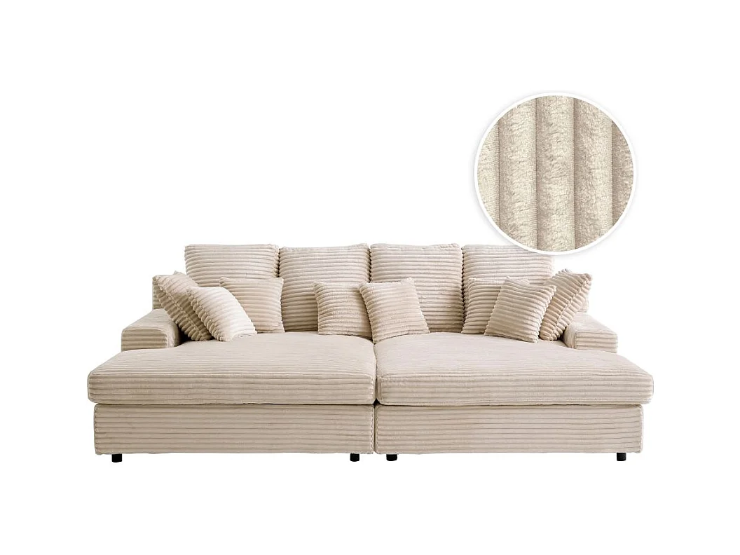 Canapé droit 4 places FLUFFY avec double méridienne et assise profonde en velours côtelé - Beige