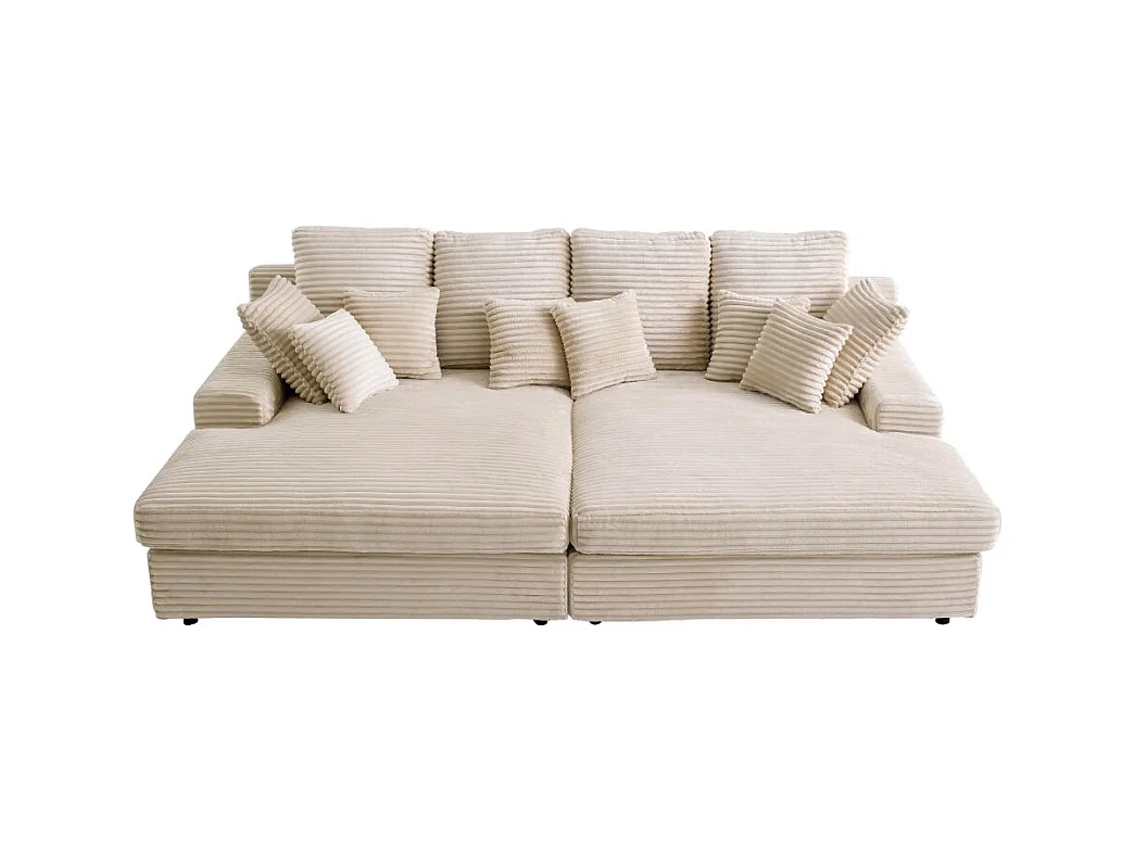 Canapé droit 4 places FLUFFY avec double méridienne et assise profonde en velours côtelé - Beige