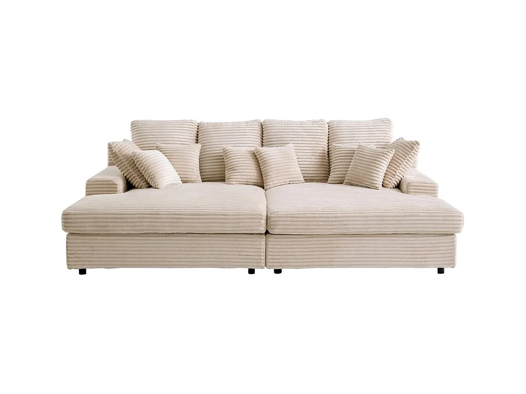 Canapé droit 4 places FLUFFY avec double méridienne et assise profonde en velours côtelé - Beige