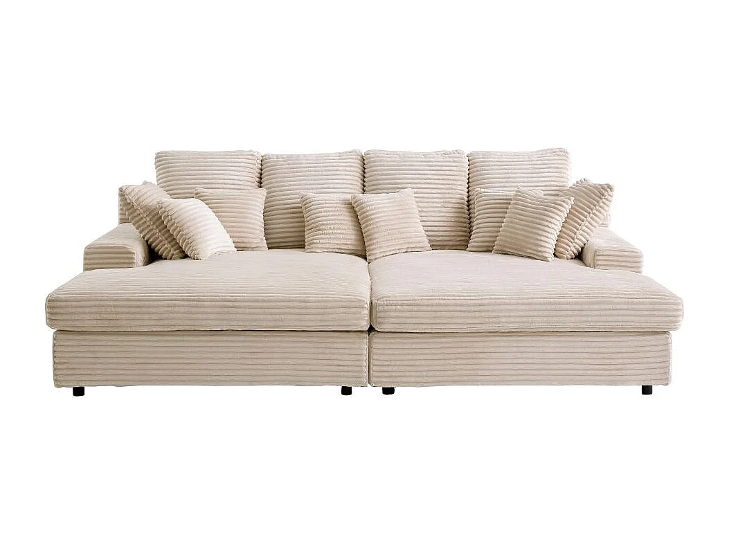 Canapé droit 4 places FLUFFY avec double méridienne et assise profonde en velours côtelé - Beige