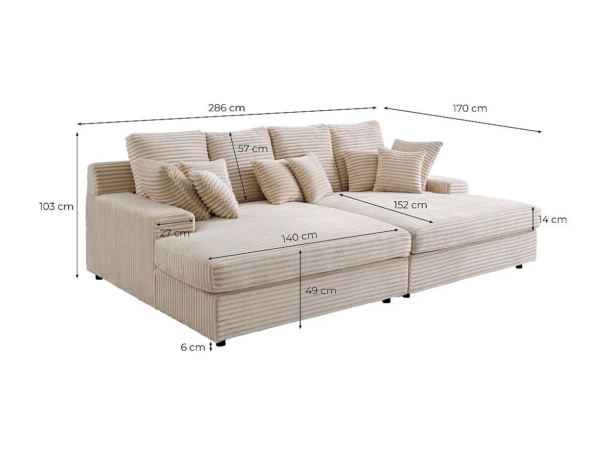 Canapé droit 4 places FLUFFY avec double méridienne et assise profonde en velours côtelé - Beige