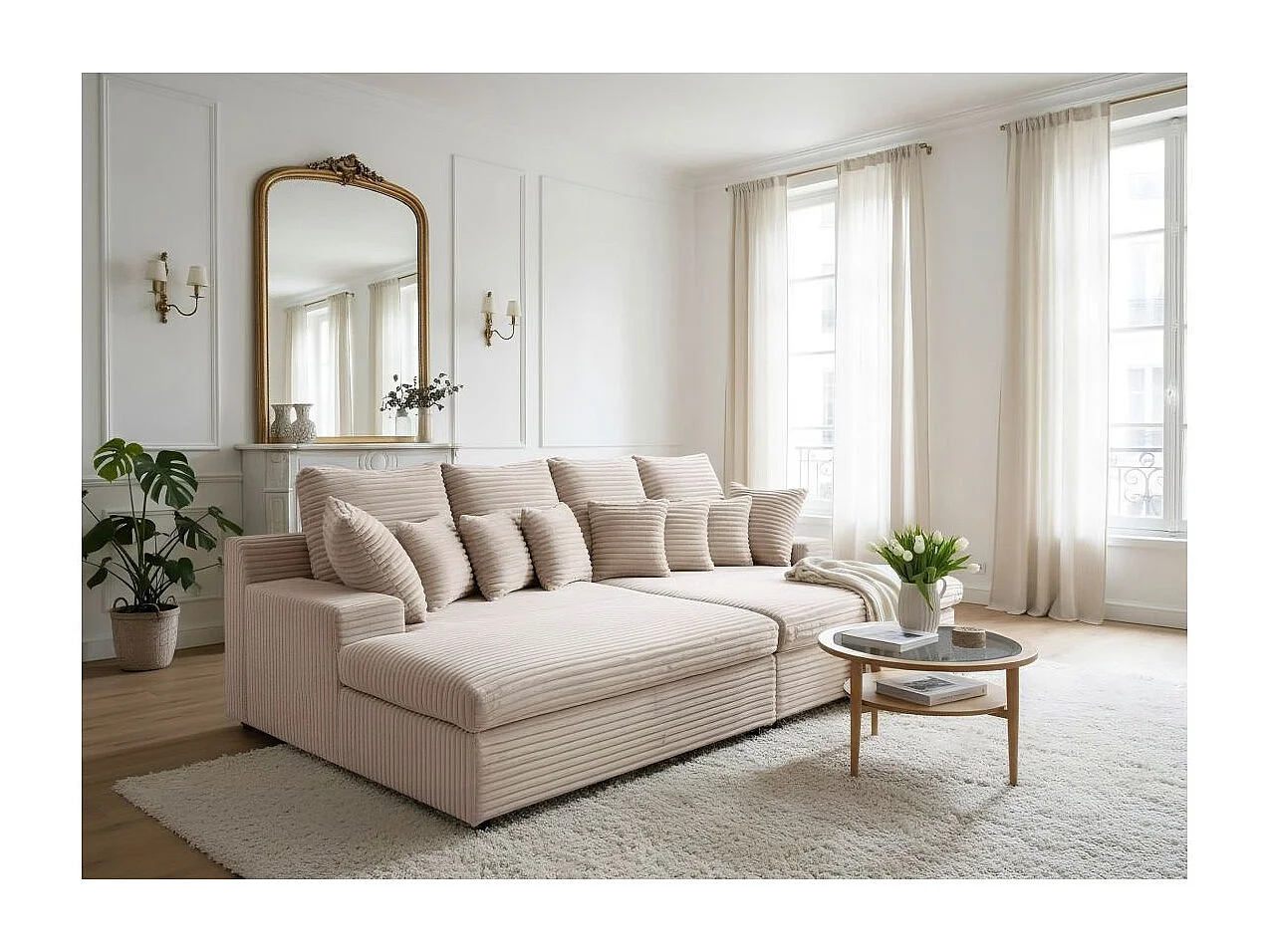 Canapé droit 4 places FLUFFY avec double méridienne et assise profonde en velours côtelé - Beige