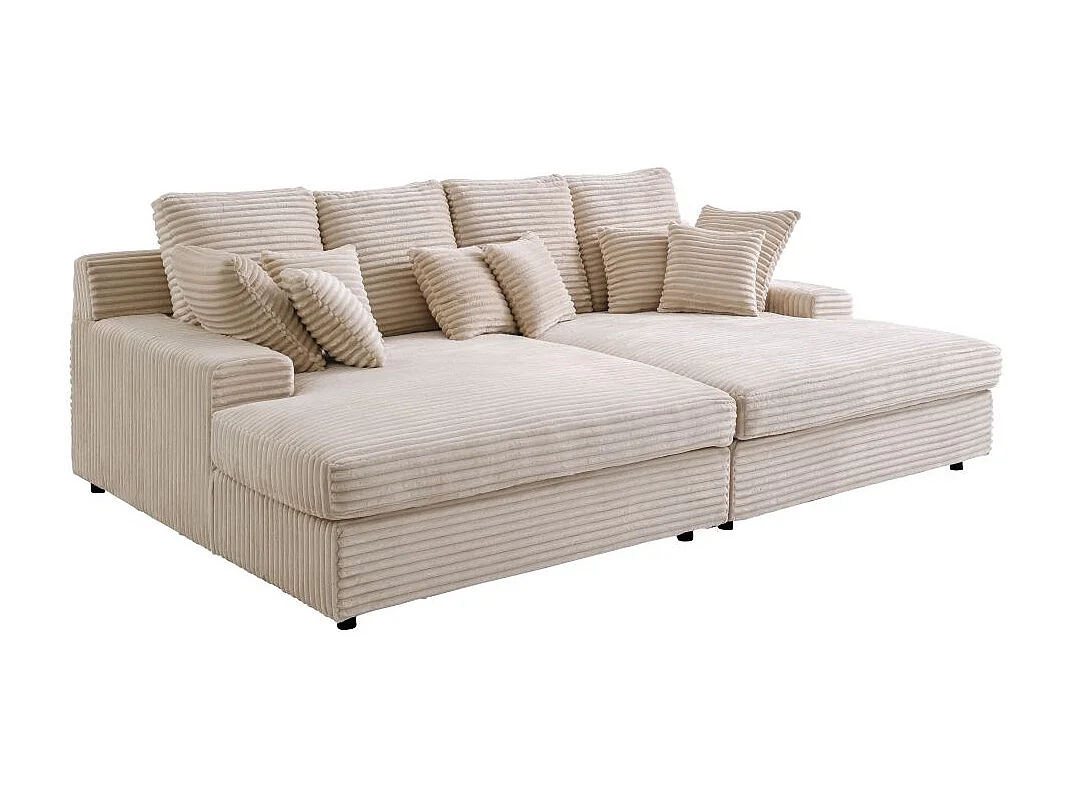 Canapé droit 4 places FLUFFY avec double méridienne et assise profonde en velours côtelé - Beige