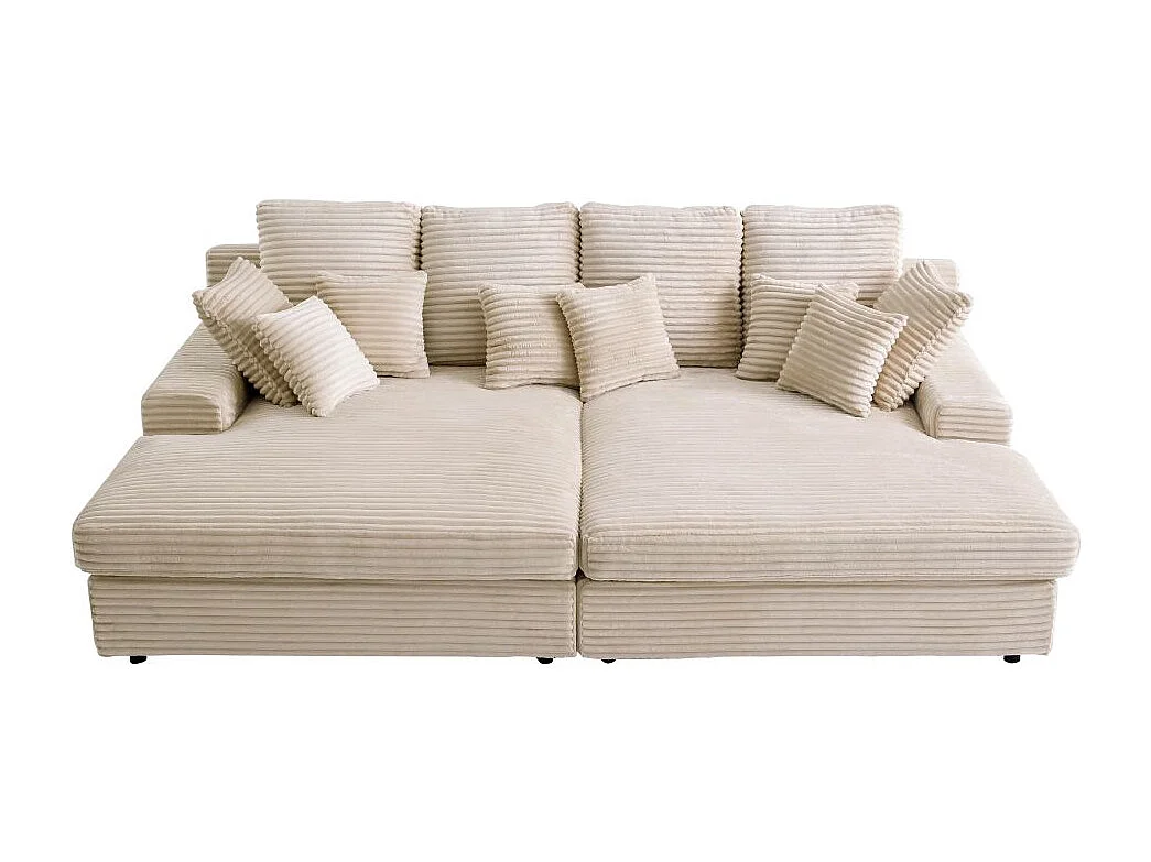 Canapé droit 4 places FLUFFY avec double méridienne et assise profonde en velours côtelé - Beige