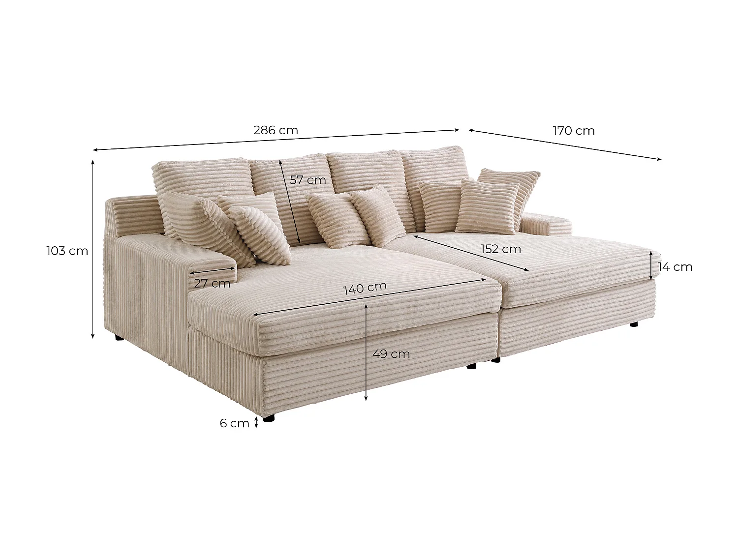 Canapé droit 4 places FLUFFY avec double méridienne et assise profonde en velours côtelé - Beige