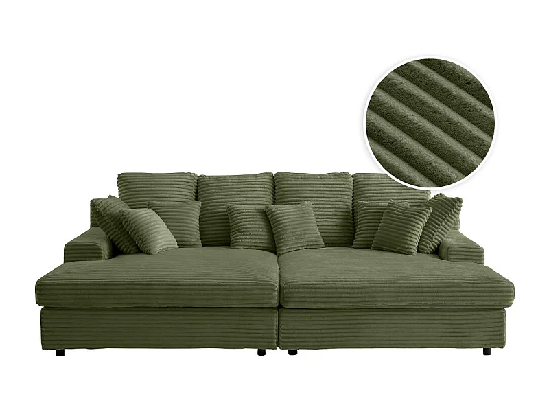 Canapé droit 4 places FLUFFY avec double méridienne et assise profonde en velours côtelé - Vert