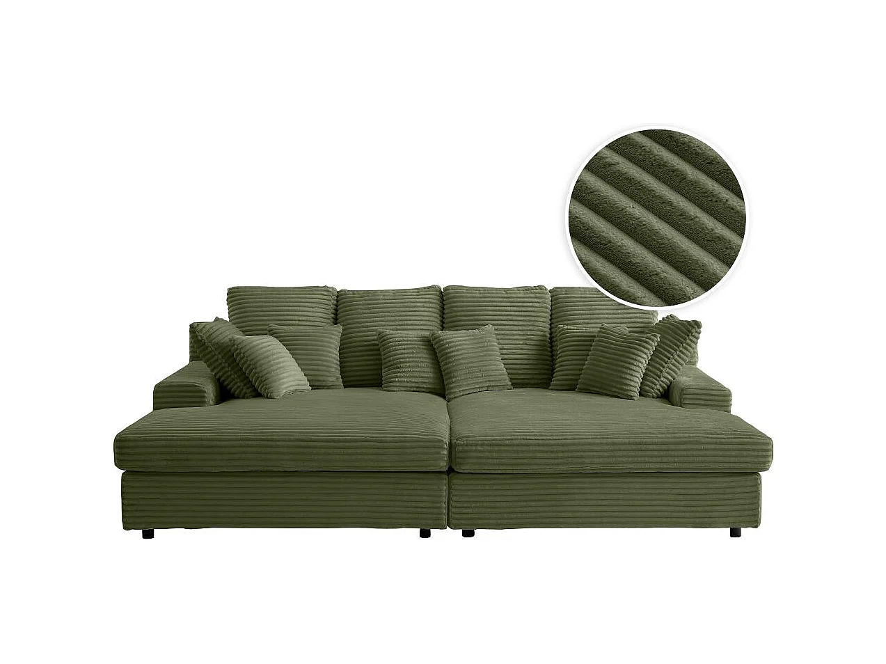 Canapé droit 4 places FLUFFY avec double méridienne et assise profonde en velours côtelé - Vert