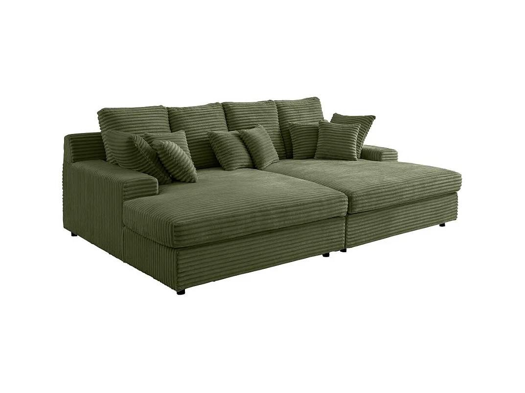 Canapé droit 4 places FLUFFY avec double méridienne et assise profonde en velours côtelé - Vert