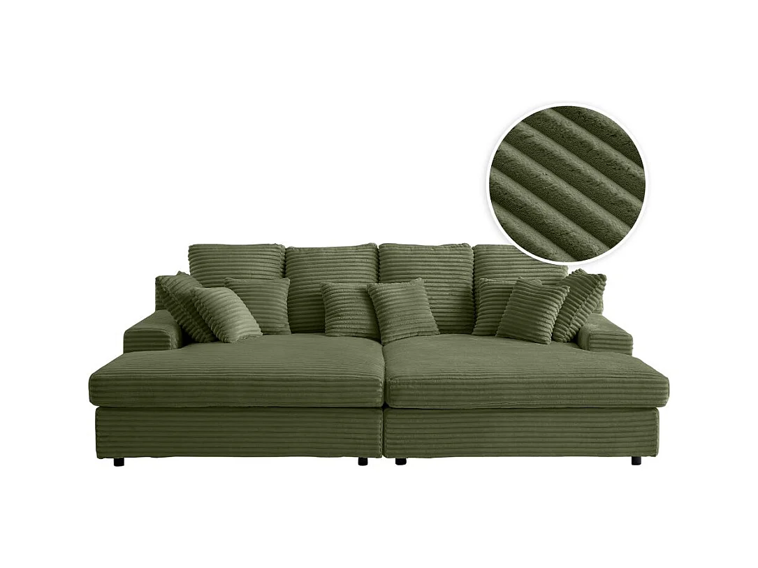 Canapé droit 4 places FLUFFY avec double méridienne et assise profonde en velours côtelé - Vert