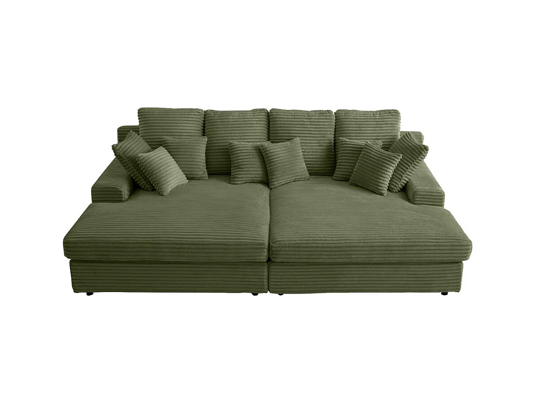 Canapé droit 4 places FLUFFY avec double méridienne et assise profonde en velours côtelé - Vert
