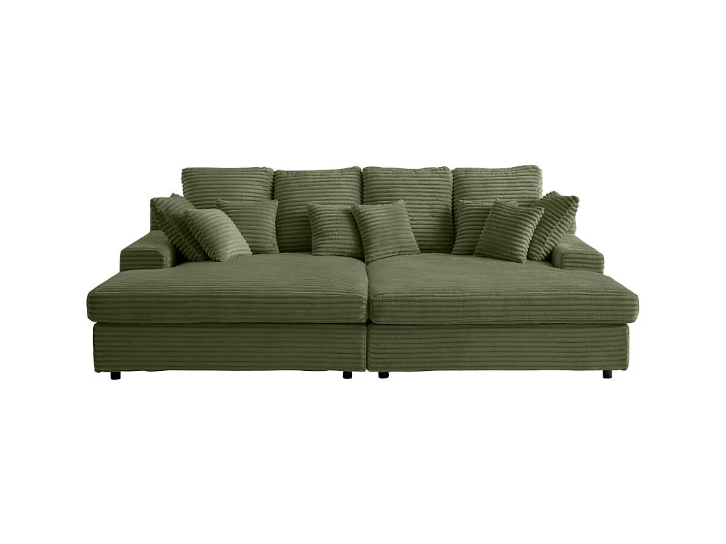 Canapé droit 4 places FLUFFY avec double méridienne et assise profonde en velours côtelé - Vert