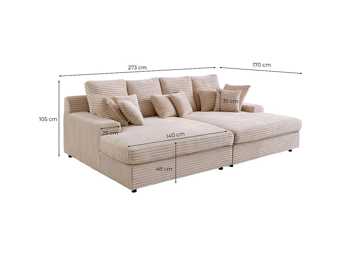 Canapé droit 4 places FLUFFY avec double méridienne et assise profonde en velours côtelé - Vert