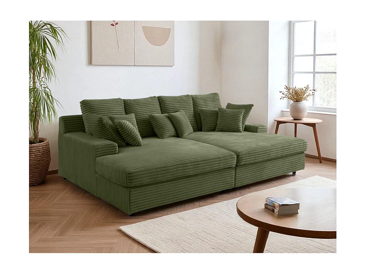 Canapé droit 4 places FLUFFY avec double méridienne et assise profonde en velours côtelé - Vert