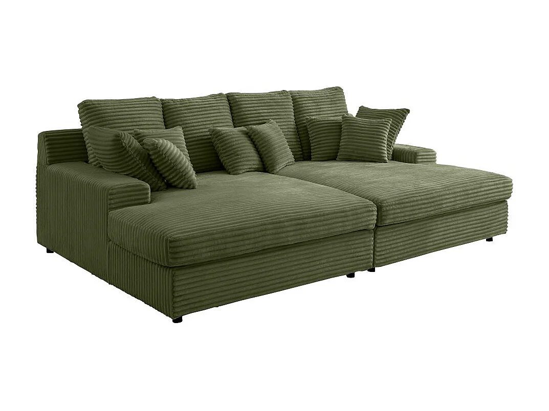 Canapé droit 4 places FLUFFY avec double méridienne et assise profonde en velours côtelé - Vert
