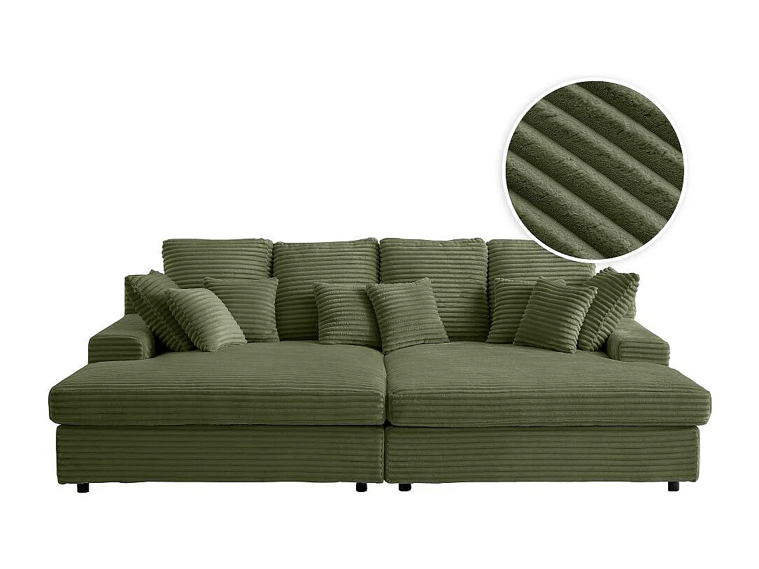 Canapé droit 4 places FLUFFY avec double méridienne et assise profonde en velours côtelé - Vert