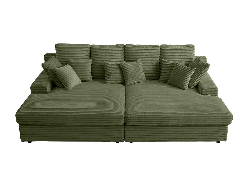 Canapé droit 4 places FLUFFY avec double méridienne et assise profonde en velours côtelé - Vert