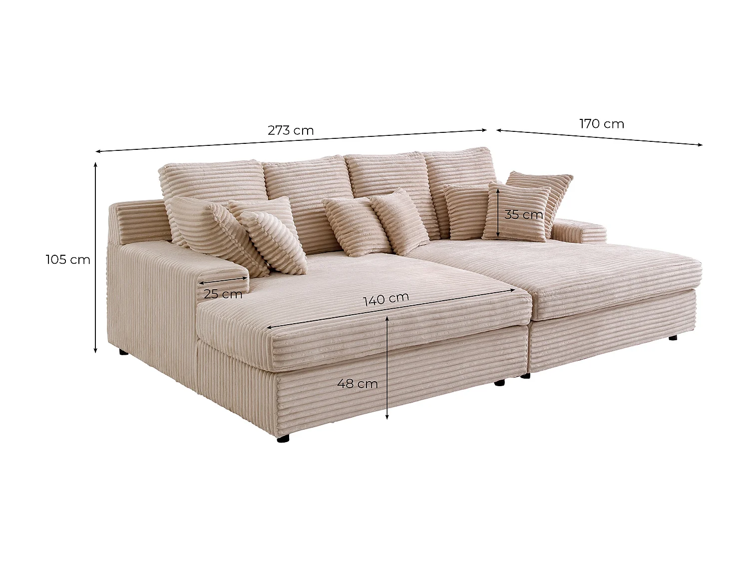 Canapé droit 4 places FLUFFY avec double méridienne et assise profonde en velours côtelé - Vert