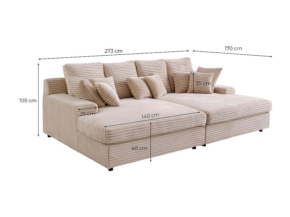 Canapé droit 4 places FLUFFY avec double méridienne et assise profonde en velours côtelé - Vert