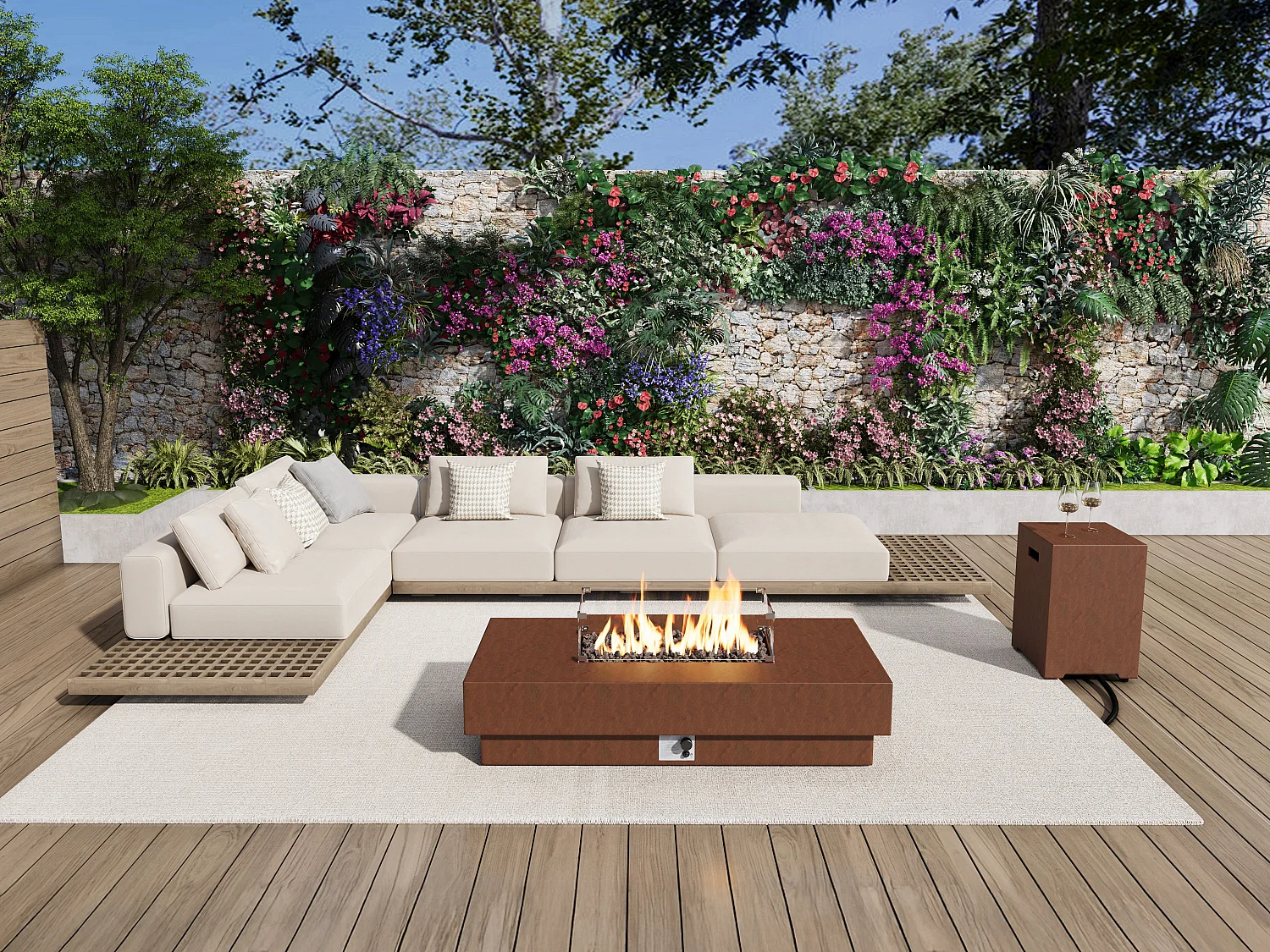 Tavolo rettangolare con braciere a gas in MGO effetto terracotta Focolare quadrato - SEROZA