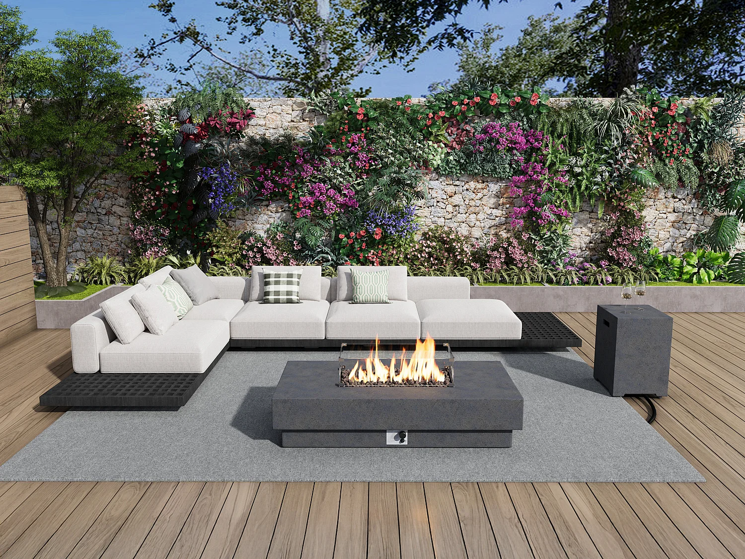 Tavolo rettangolare con braciere a gas in MGO grigio Focolare quadrato - SEROZA