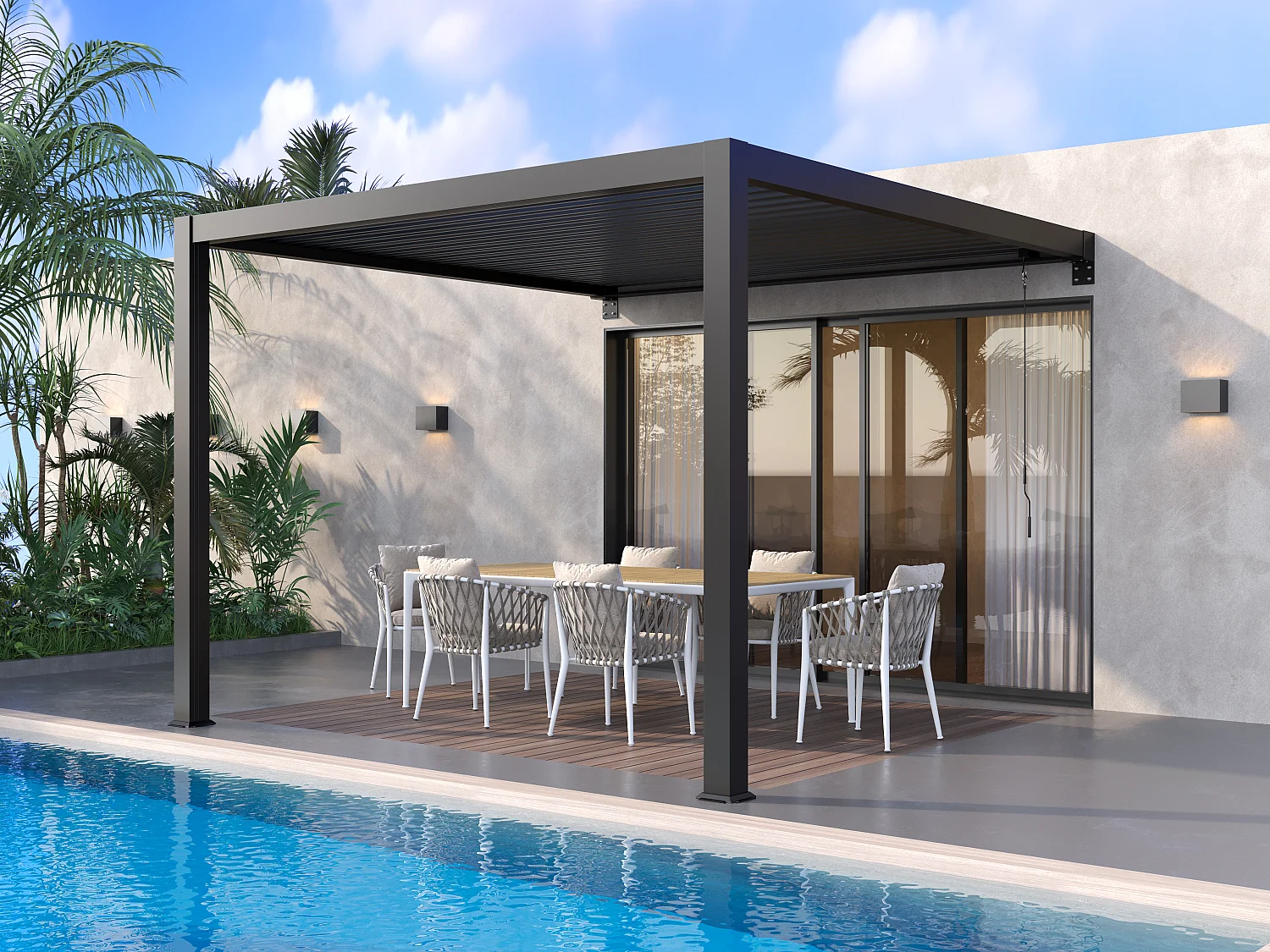 Pergola adossée bioclimatique en aluminium avec lames orientables 9,36 m² - Anthracite - SERADO