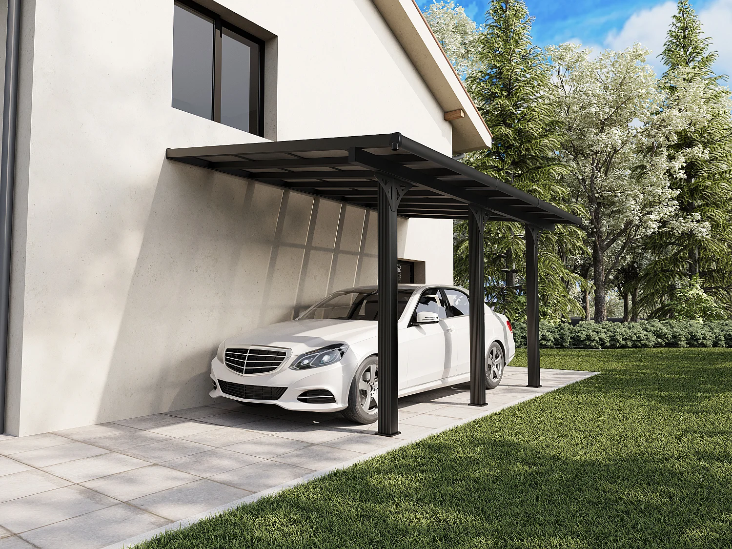 Carport pergola adossée en aluminium et toit polycarbonate - 15,13 m² - anthracite - PAZERA