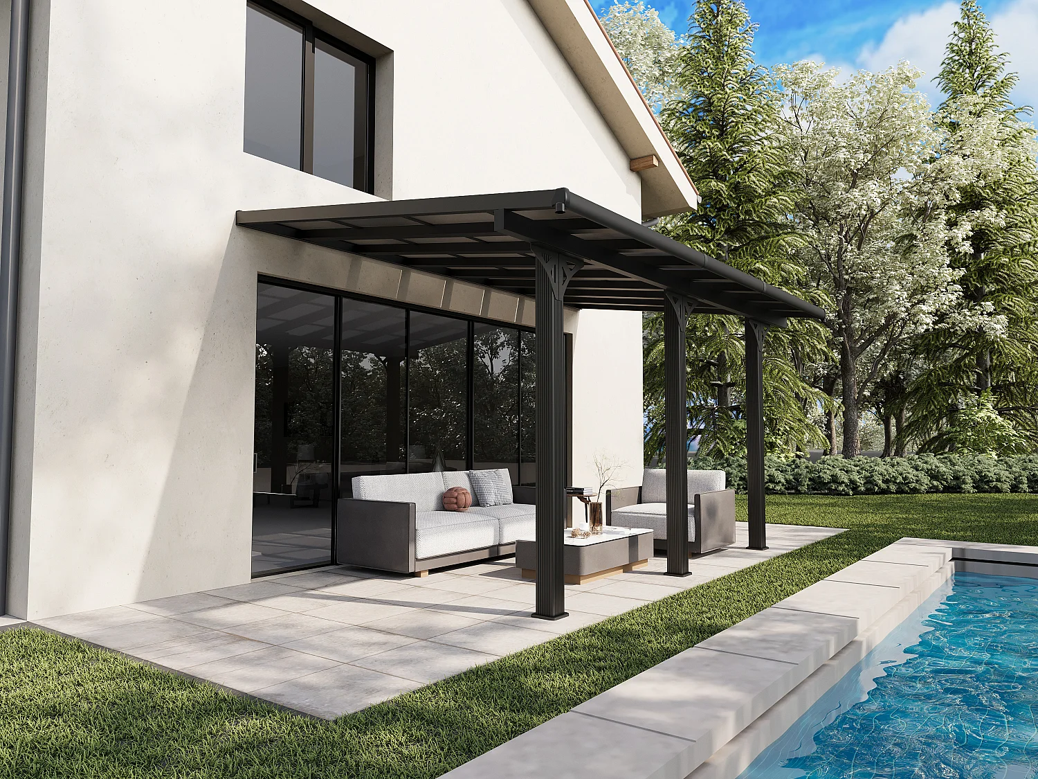 Carport pergola adossée en aluminium et toit polycarbonate - 15,13 m² - anthracite - PAZERA