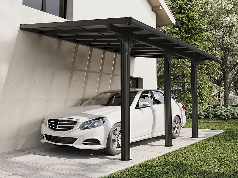 Carport pergola adossée en aluminium et toit polycarbonate - 15,13 m² - anthracite - PAZERA