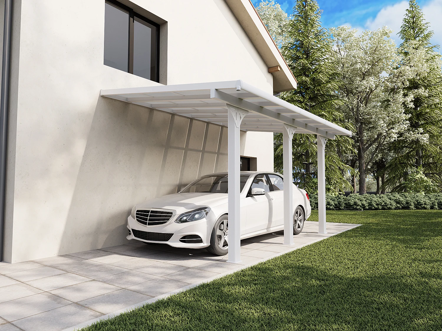 Carport pergola adossée en aluminium et toit polycarbonate - 15,13 m² - blanc - PAZERA