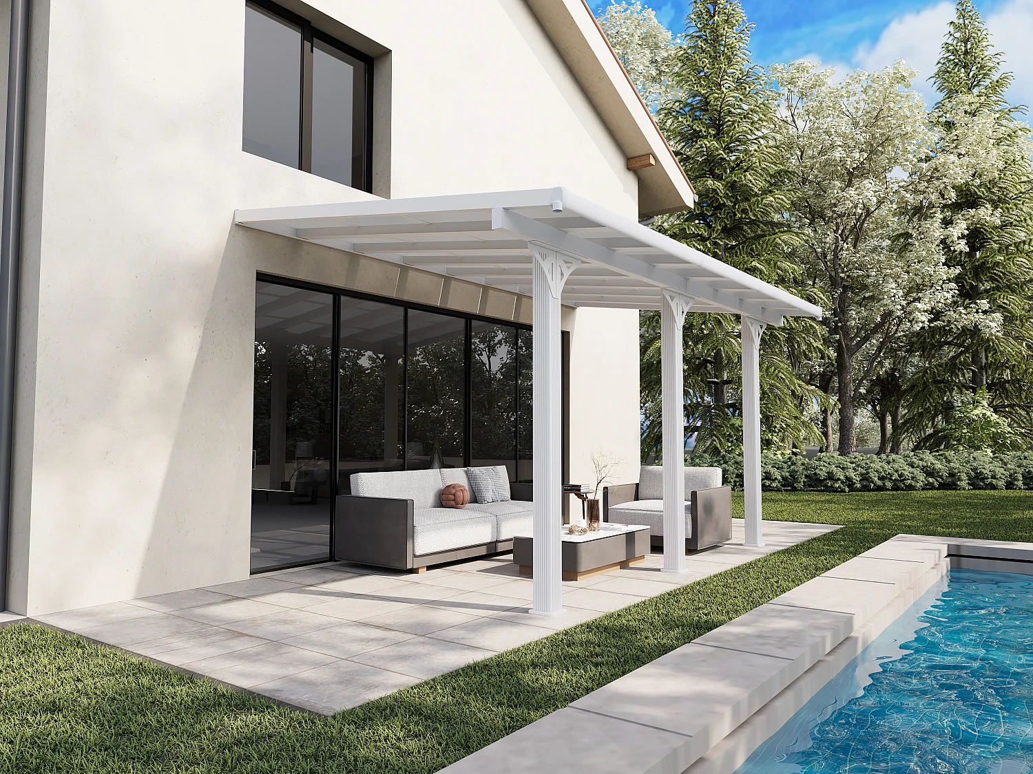 Carport pergola adossée en aluminium et toit polycarbonate - 15,13 m² - blanc - PAZERA